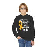 Cancer Picked Wrong Kid Youth Sweatshirt, Childhood Cancer Support, Cancer Awareness Gift, Cancer Fighter Top, Kids Cancer Survivor Shirt