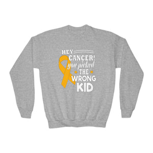 Cancer Picked Wrong Kid Youth Sweatshirt, Childhood Cancer Support, Cancer Awareness Gift, Cancer Fighter Top, Kids Cancer Survivor Shirt